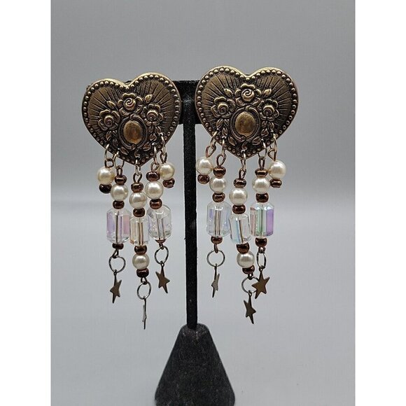 Floral Heart Dangling Faux Pearl Clip-on Earrings Irridescent Bead Stars Vintage - Picture 3 of 11